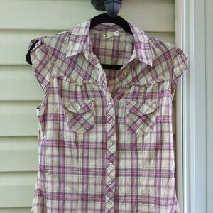 Purple & Beige Button Down Plaid Top